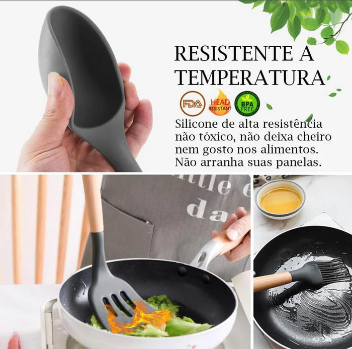 Kit Utensílios de Cozinha 12 Peças - Silicone com Cabo de Madeira