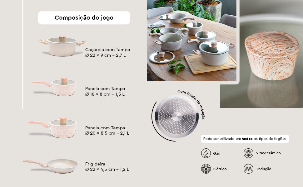 Conjunto de Panelas Ceramic Life Sirius Vanilla com Indução – Antiaderente Premium 6 Peças