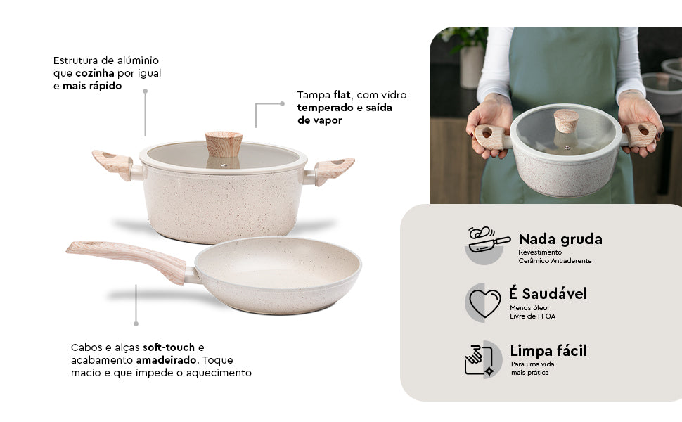 Conjunto de Panelas Ceramic Life Sirius Vanilla com Indução – Antiaderente Premium 6 Peças