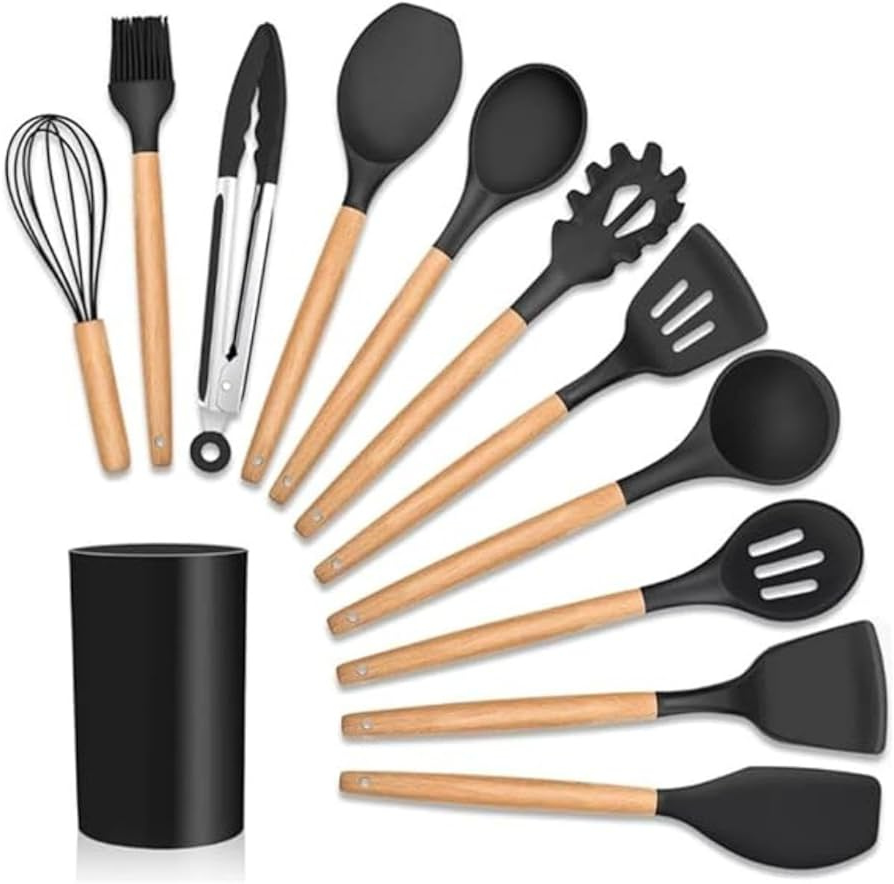 Kit Utensílios de Cozinha 12 Peças - Silicone com Cabo de Madeira