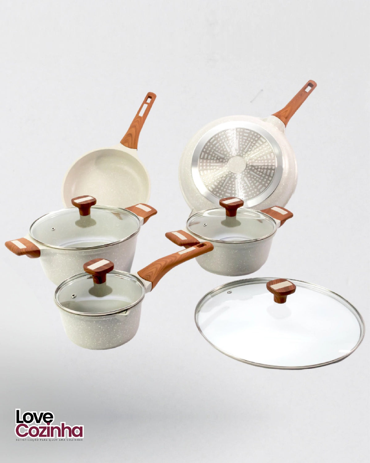 Conjunto Premium Cerâmico Antiaderente – Caçarolas e Frigideiras Temperatti Bianco – 9 Peças