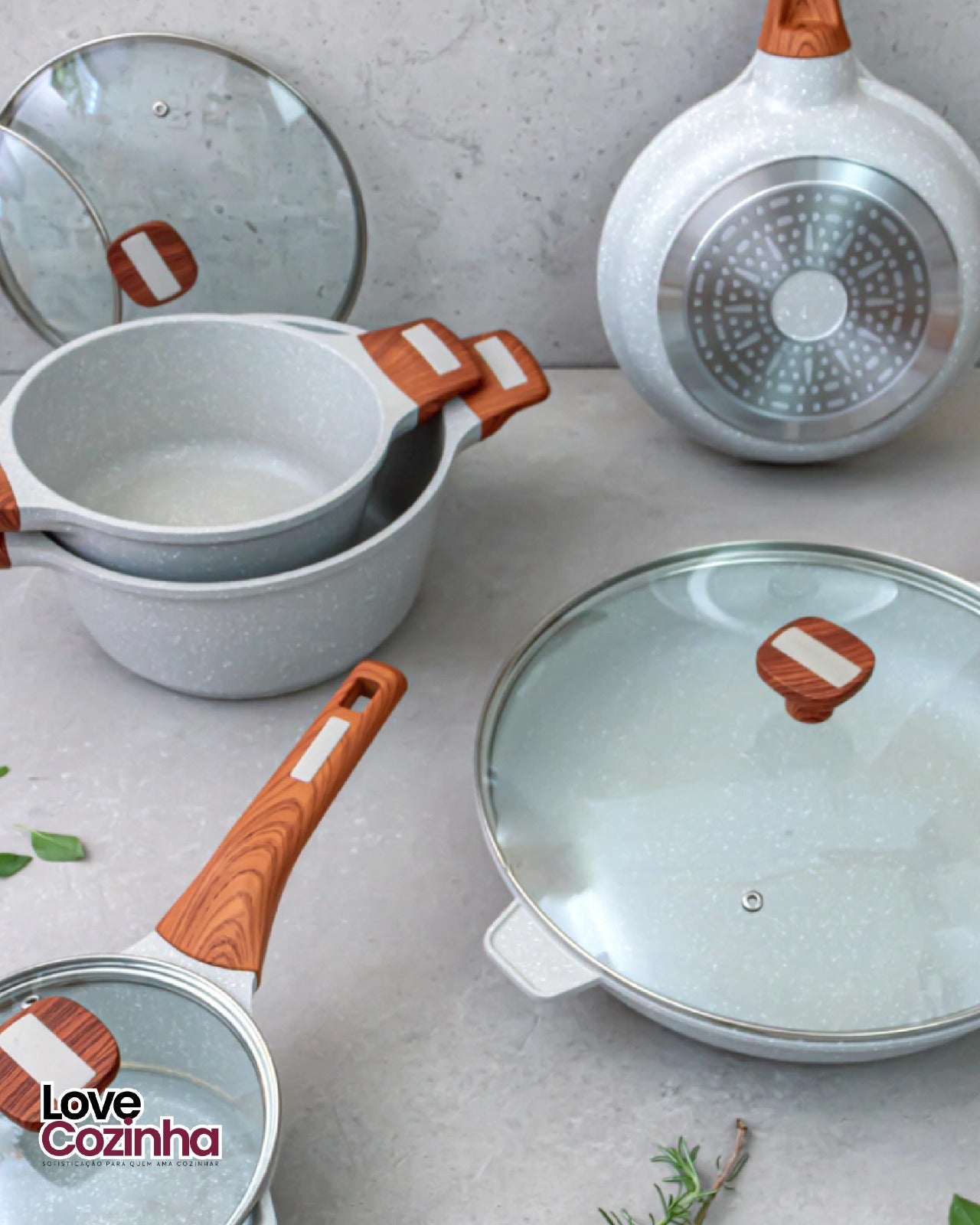 Conjunto Premium Cerâmico Antiaderente – Caçarolas e Frigideiras Temperatti Bianco – 9 Peças