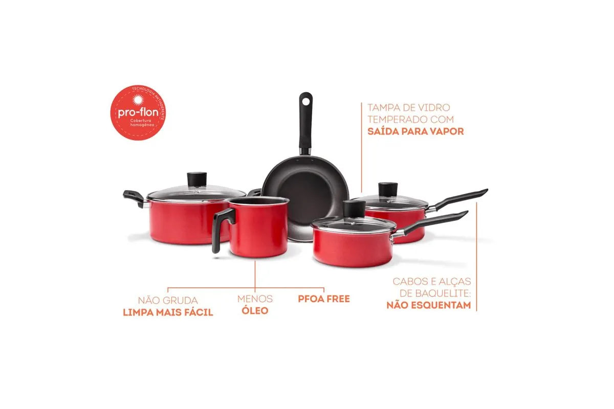 Conjunto de Panelas Antiaderentes Garlic Vermelho – Cozinha Completa com 5 Peças