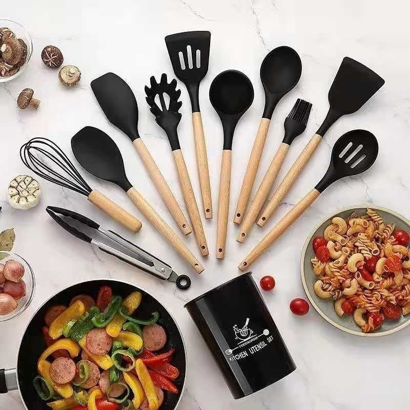 Kit Utensílios de Cozinha 12 Peças - Silicone com Cabo de Madeira