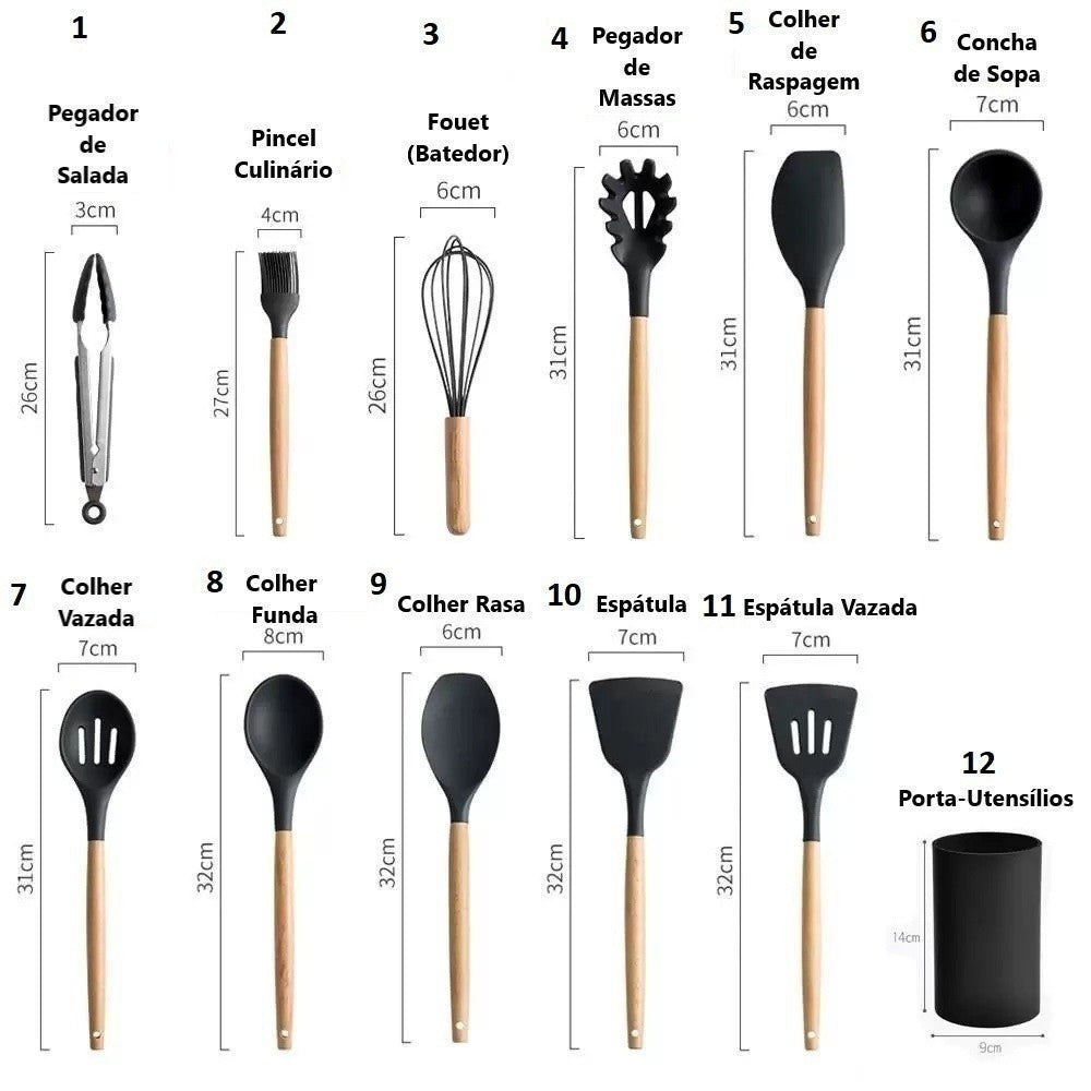 Kit Utensílios de Cozinha 12 Peças - Silicone com Cabo de Madeira