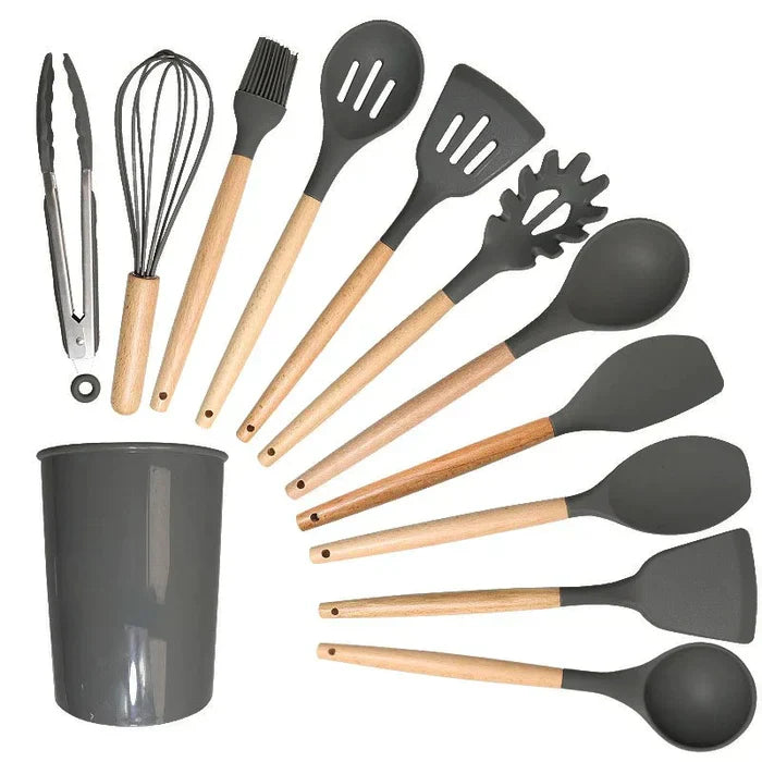 Kit Utensílios de Cozinha 12 Peças - Silicone com Cabo de Madeira