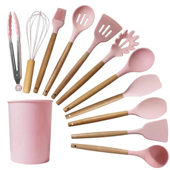 Kit Utensílios de Cozinha 12 Peças - Silicone com Cabo de Madeira