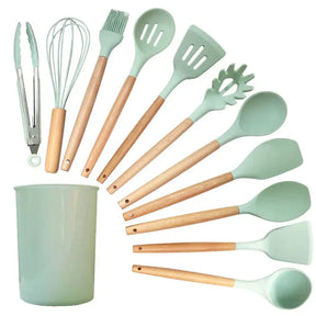Kit Utensílios de Cozinha 12 Peças - Silicone com Cabo de Madeira