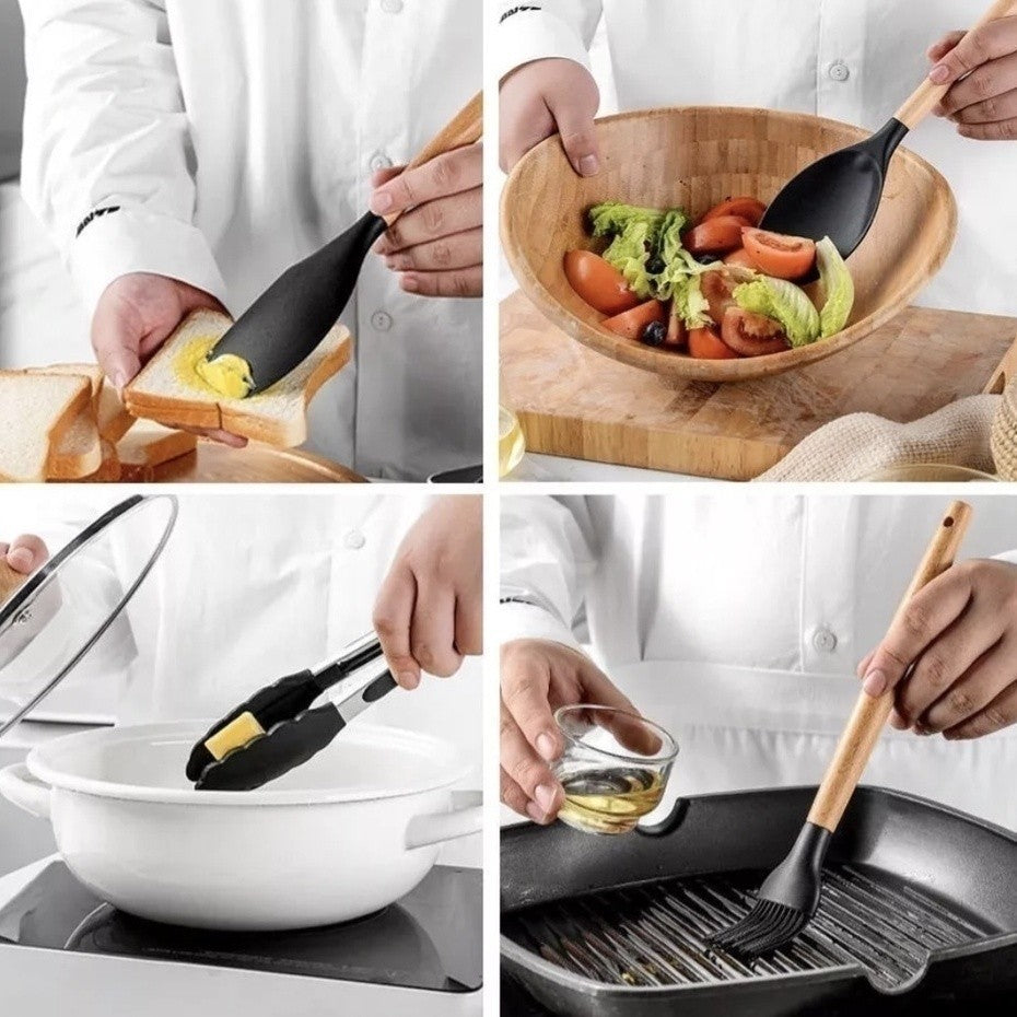 Kit Utensílios de Cozinha 12 Peças - Silicone com Cabo de Madeira