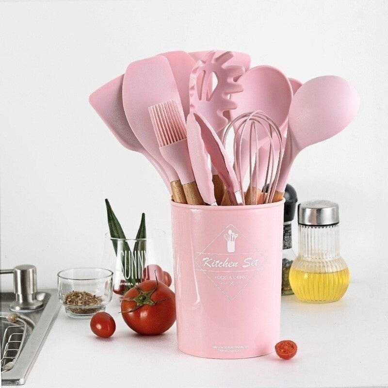 Kit Utensílios de Cozinha 12 Peças - Silicone com Cabo de Madeira