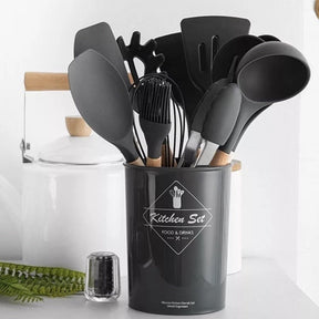 Kit Utensílios de Cozinha 12 Peças - Silicone com Cabo de Madeira