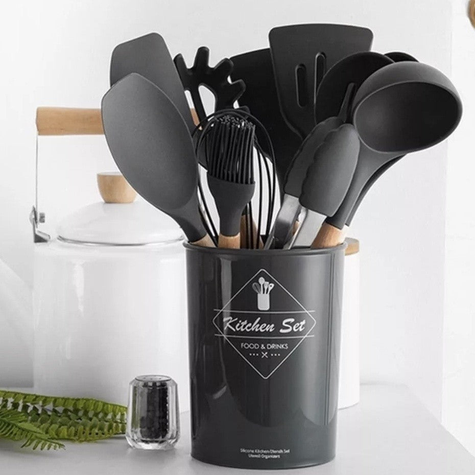 Kit Utensílios de Cozinha 12 Peças - Silicone com Cabo de Madeira