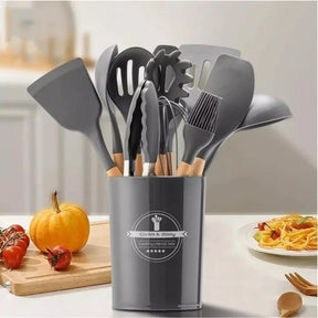 Kit Utensílios de Cozinha 12 Peças - Silicone com Cabo de Madeira